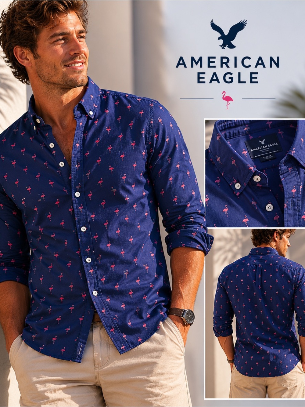 American Eagle Outfitters Men’s Navy Flamingo Print Button-Down  100% cotton